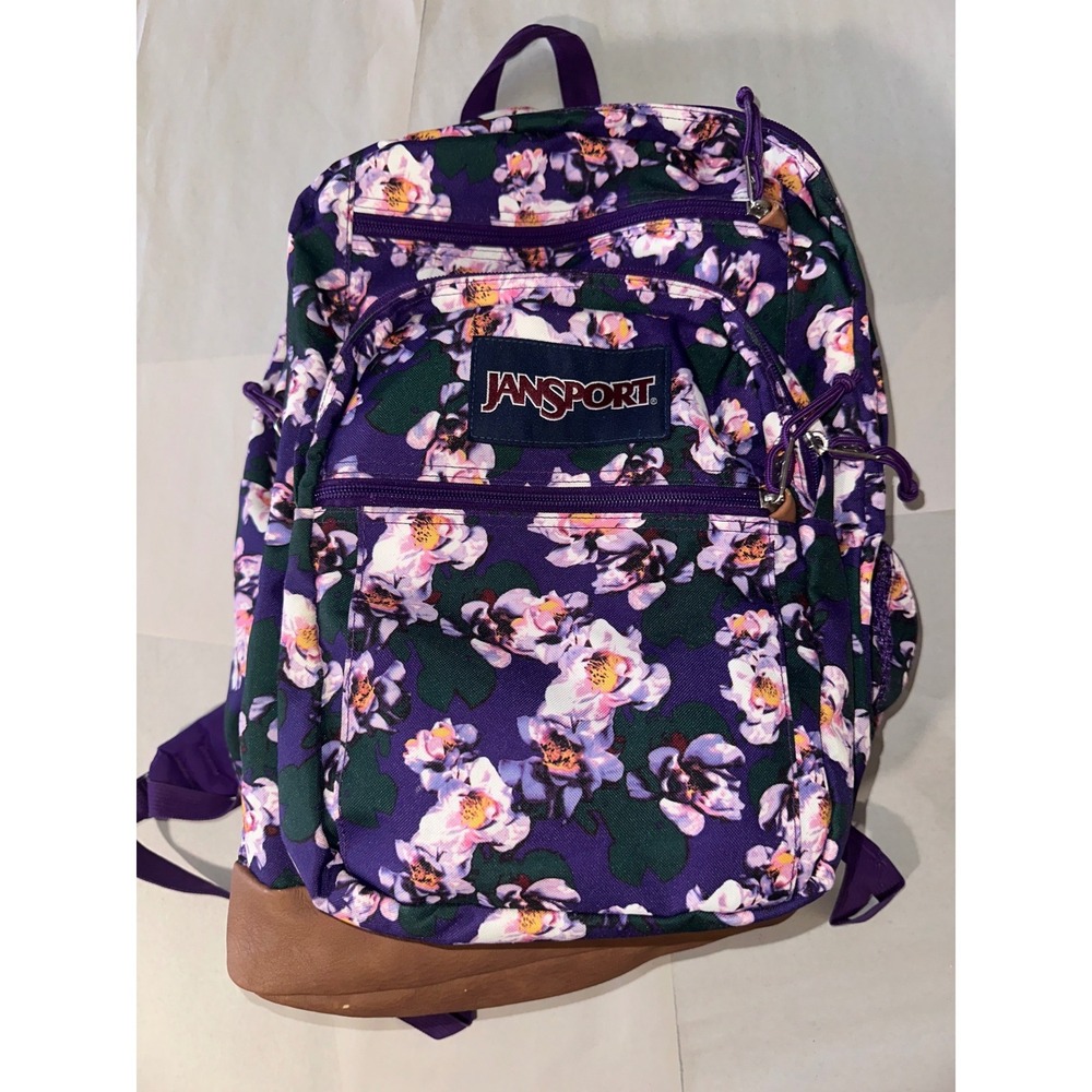 JanSport Right Pack Purple Floral Backpack Brown Faux Leather Bottom Laptop Bag